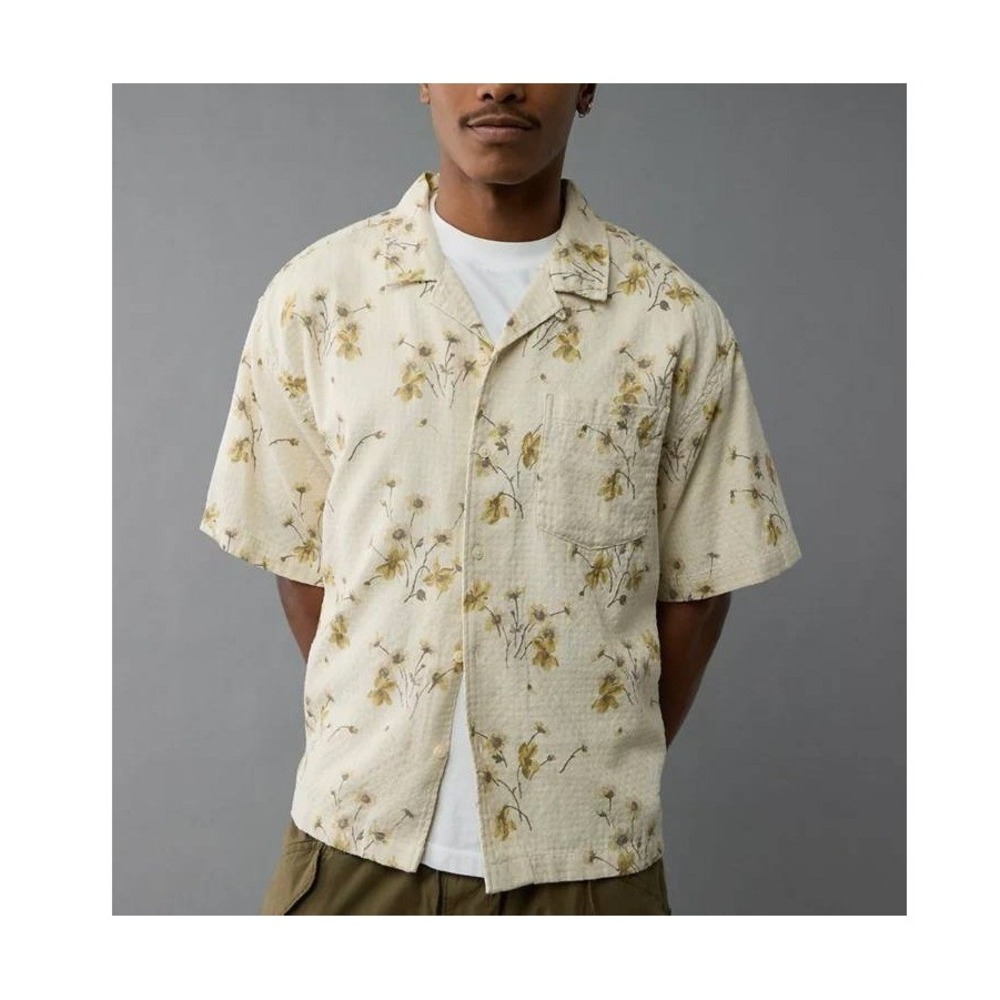 American Eagle Outfitters Cream Floral Short-Sleeve Button-Down Shirt